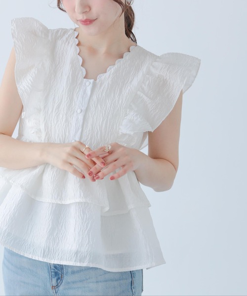 Fit more ネックスカラップジャガードトップス レディース
