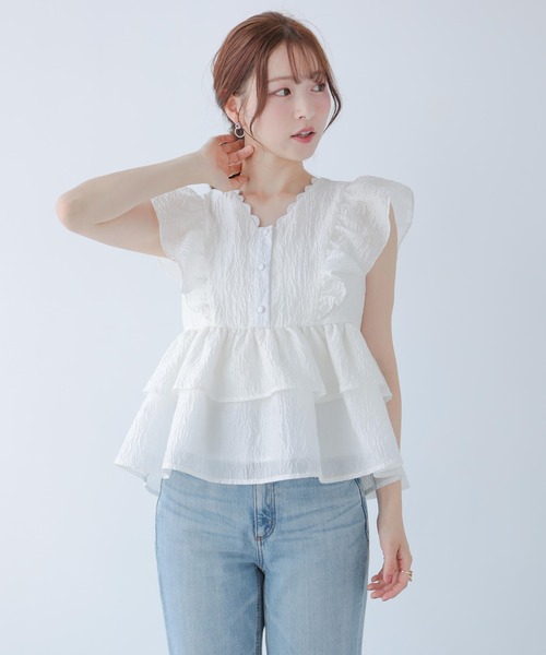 Fit more（フィットモア） ネックスカラップジャガードトップス 