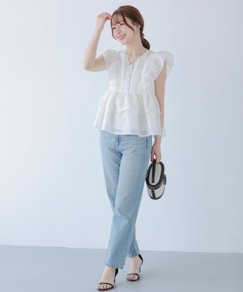 Fit more ネックスカラップジャガードトップス レディース