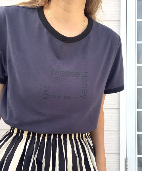 tシャツ リンガーロゴプリントT レディース セール】 リンガーロゴプリントTシャツ（オフホワイト/キナリ