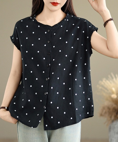 ブラウス シャツ ドット柄ノーカラーブラウス レディース : ZOZOTOWN