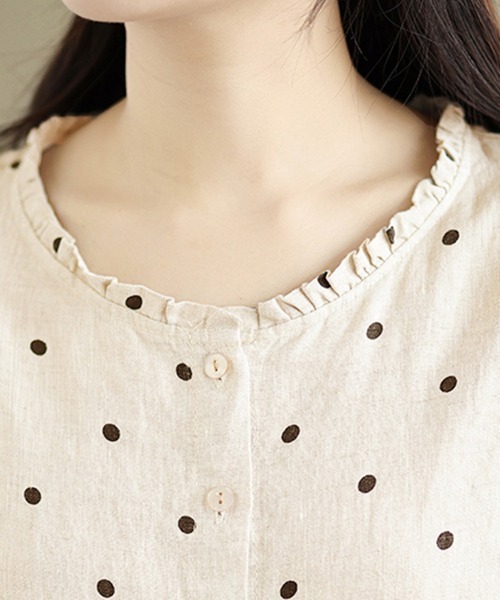 used ドット柄♡アート柄♡ノーカラーレトロブラウス♡vintageブラウス ブラウス シャツ ドット柄ノーカラーブラウス レディース : ZOZOTOWN