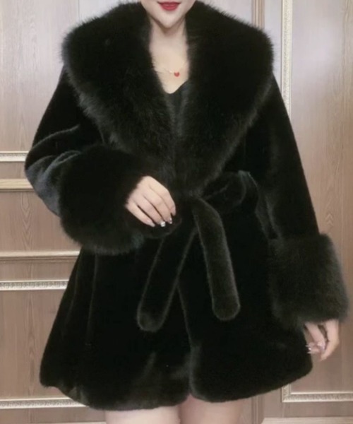 フランス製　ファー付きコート deux amour コート アウター ショールカラーベルトフェイクファー