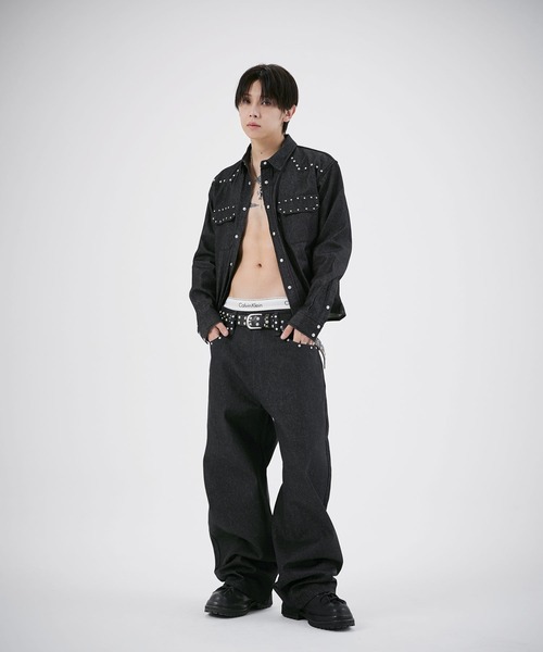 PHILIPP PLEIN デニムシャツ L 黒 スタッズ Y2K 平成 お兄系 シャツ スタッズデザイン短丈デニムシャツ メンズ レディース