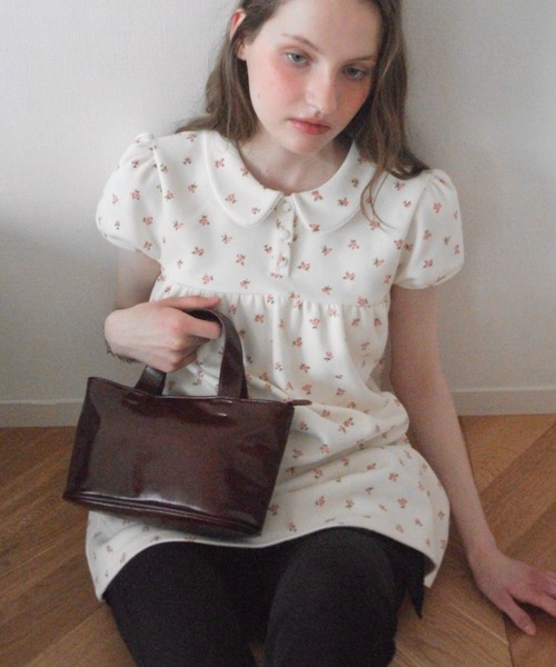 GIUNON ブラウス シャツ 夏 半袖 round collar flower tunic