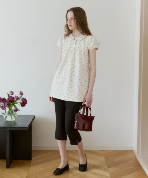 GIUNON ブラウス シャツ 夏 半袖 round collar flower tunic