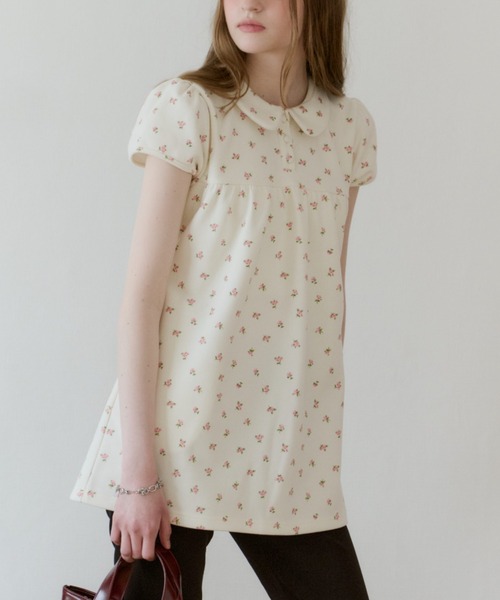 GIUNON ブラウス シャツ 夏 半袖 round collar flower tunic