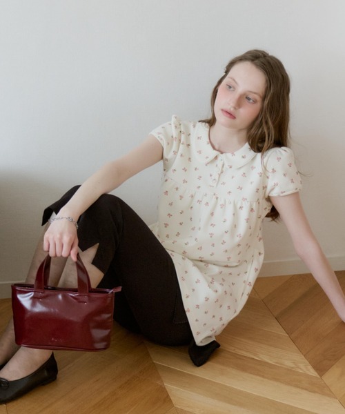 GIUNON ブラウス シャツ 夏 半袖 round collar flower tunic