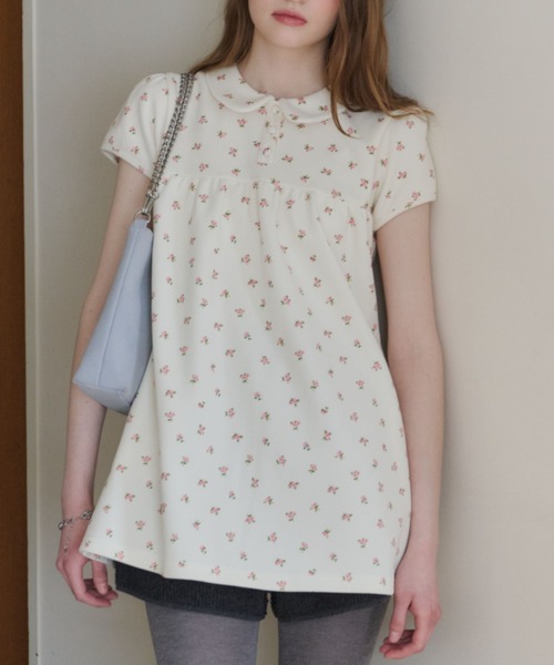 GIUNON ブラウス シャツ 夏 半袖 round collar flower tunic