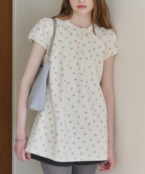 GIUNON ブラウス シャツ 夏 半袖 round collar flower tunic