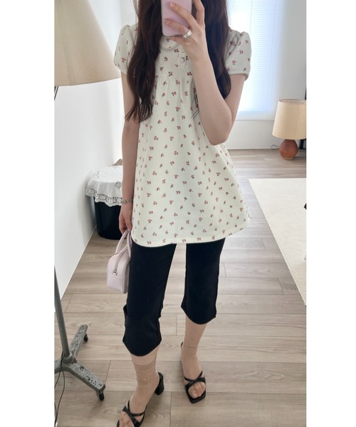 GIUNON ブラウス シャツ 夏 半袖 round collar flower tunic