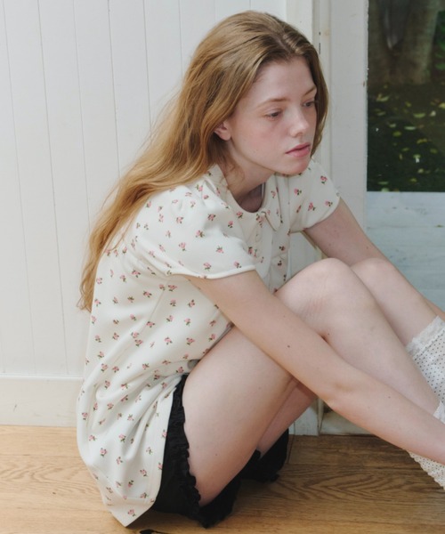 GIUNON ブラウス シャツ 夏 半袖 round collar flower tunic