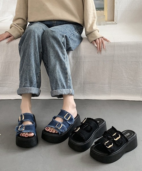 Songe 厚底 サンダル 夏 ダブルバックル厚底デニムサンダル レディース
