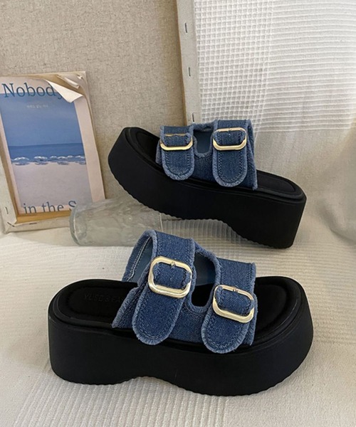 リメイク デニム厚底ビーチサンダル Songe 厚底 サンダル 夏 ダブルバックル厚底デニムサンダル レディース