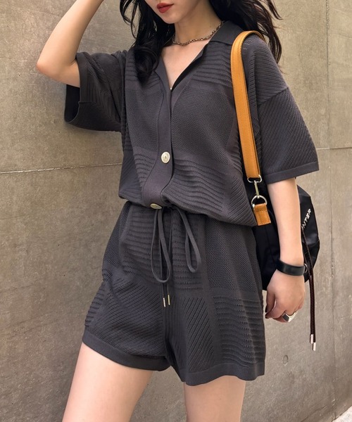 MEDI SHAPLEY STRAIGHT ROMPERS オールインワン Ameri（アメリ） オールインワン MEDI MESH PATCHWORK KNIT ROMPERS