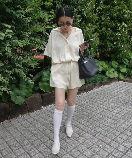 MEDI SHAPLEY STRAIGHT ROMPERS オールインワン Ameri（アメリ） オールインワン MEDI MESH PATCHWORK KNIT ROMPERS
