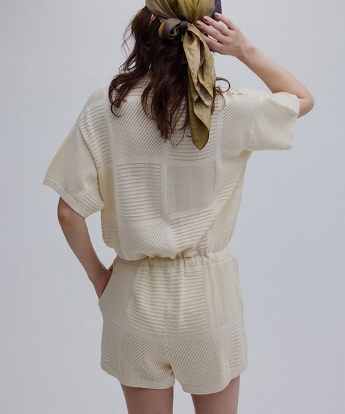 Ameri（アメリ） オールインワン MEDI MESH PATCHWORK KNIT ROMPERS