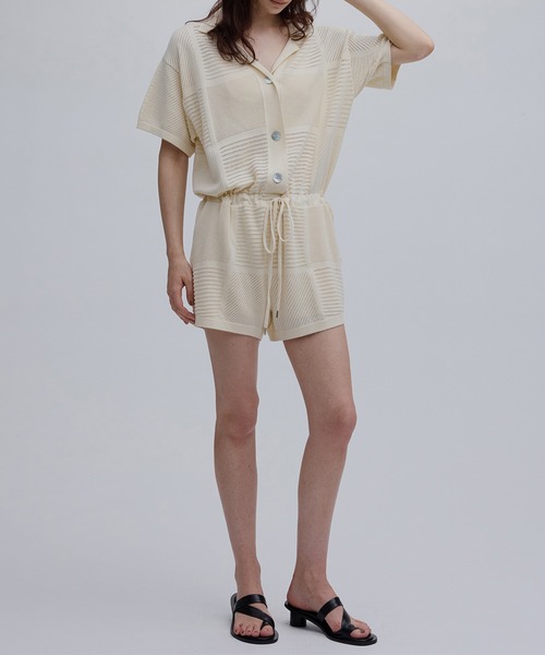 Ameri（アメリ） オールインワン MEDI MESH PATCHWORK KNIT ROMPERS