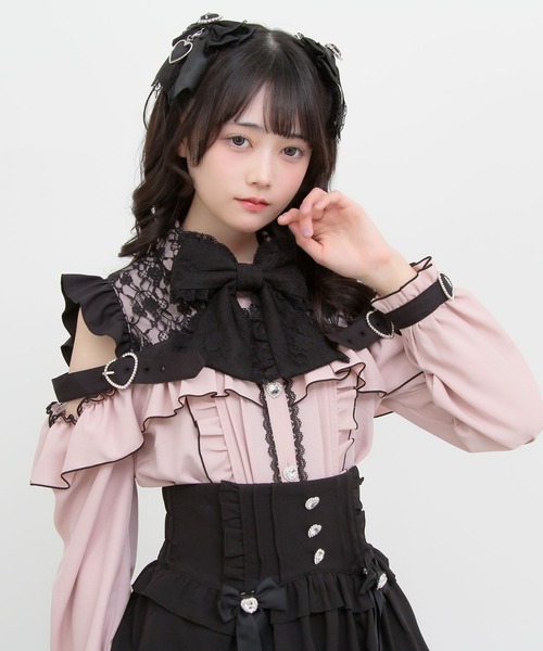 ハートバックル レース半袖ブラウス DearMyLove ブラウス シャツ レースオフショルハートバックルブラウス