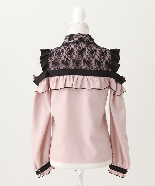 ハートバックル レース半袖ブラウス DearMyLove ブラウス シャツ レースオフショルハートバックルブラウス
