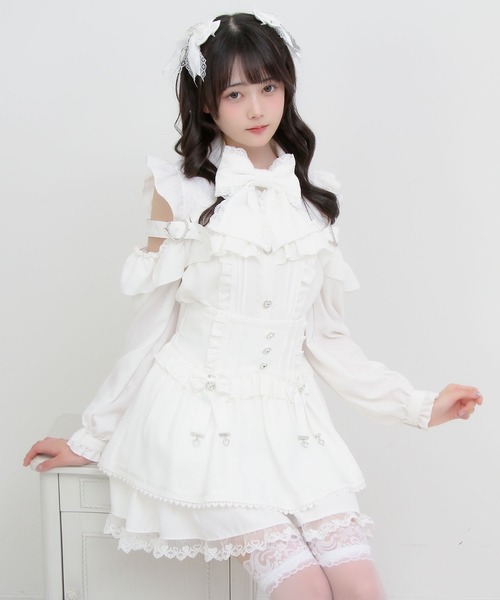 ハートバックル レース半袖ブラウス DearMyLove ブラウス シャツ レースオフショルハートバックルブラウス