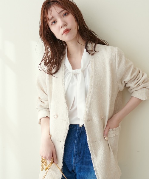 natural couture シャツ ブラウス 袖口パールノット結びボータイ 