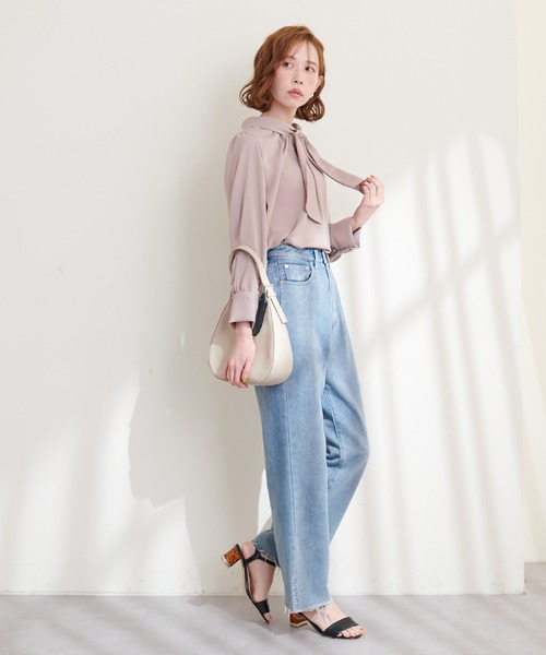 natural couture シャツ ブラウス 袖口パールノット結びボータイ 
