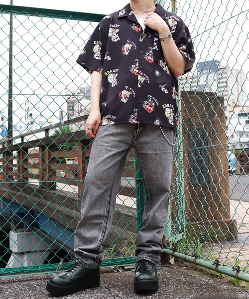 新品　permanent age 半袖リネンシャツ 3 Ed Hardy シャツ オーバーサイズ 総柄 半袖開襟シャツ ポケット