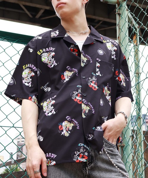 Ed Hardy シャツ オーバーサイズ 総柄 半袖開襟シャツ ポケット