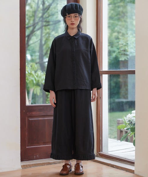 オンワンズオン On One's Own シワ感素材長袖ワイドブラウスゆったり体型カバー・襟付きシャツ （BLACK） On One's Own（オンワンズオン） シワ感素材長袖ワイドブラウス