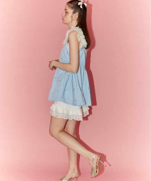 ダイヤ　ミニワンピ 立体フラワー刺繍モチーフ付きアシメカラーワンピース