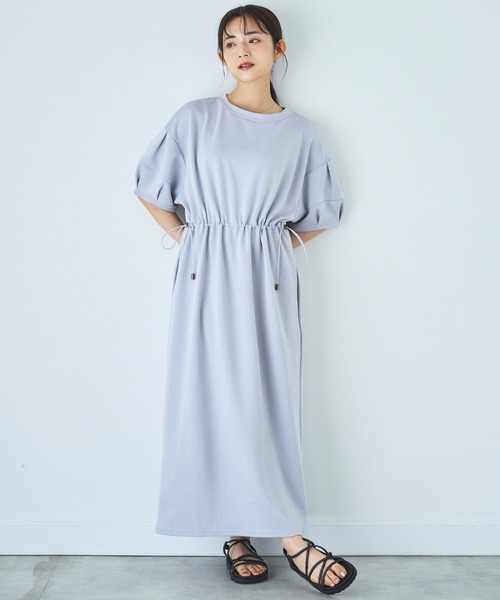 ウエストドロストスウェットワンピース ワンピース アイボリー 可愛い 人気 ABITOKYO ワンピース ウエストドロストボリューム袖段ボール