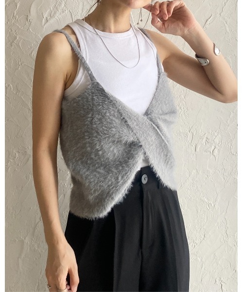 She's Closet ベスト ジレ ショート丈ツイストリボンシャギー