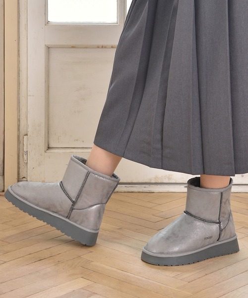 メタリックグレー　ミドルブーツ moz（モズ） ブーツ メタリック 裏ボアシャイニームートンブーツ