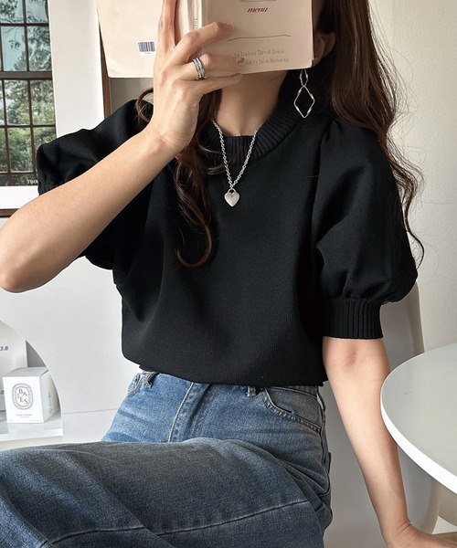 COUDRE 黒 パフスリーブ 半袖ニット COUDRE 黒 パフスリーブ 半袖ニット COUDRE 黒 パフスリーブ 半袖