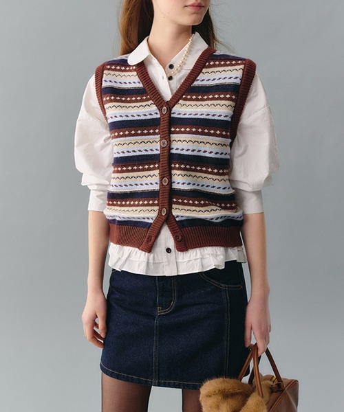 ベスト ジレ Vネック ボーダー柄 レトロニットベスト FD24W431「Fano
