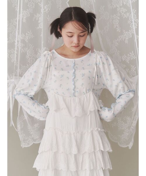 tシャツ Baby flowers パフスリーブtee レディース セール】 【お揃い】天竺花柄チェックパッチパフスリーブ半袖T