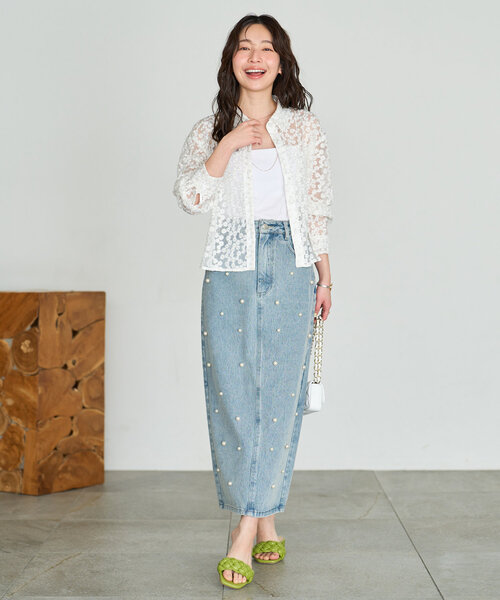 ブラウス シャツ 「セットアップ可」チュール花刺繍クロップドシャツ レディース La boutique Bonbon ブラウス シャツ 「セットアップ可