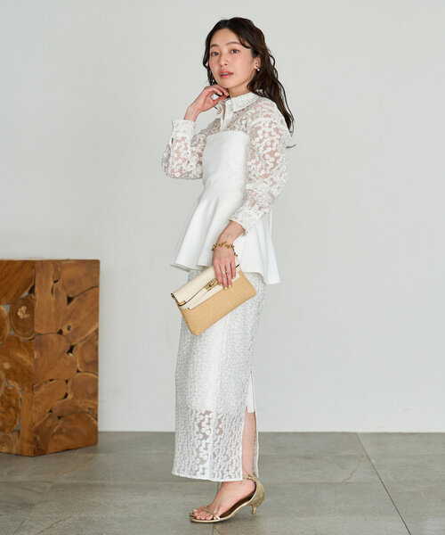 ブラウス シャツ 「セットアップ可」チュール花刺繍クロップドシャツ レディース La boutique Bonbon ブラウス シャツ 「セットアップ可