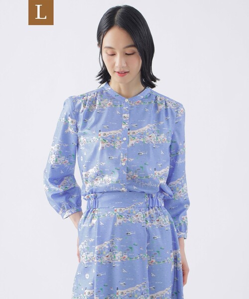 ブラウス シャツ 「L」「イラストレーターコラボ企画」「ウォッシャブル」ビエラ Hamptonsプリントバンドカラーブラウス レディース