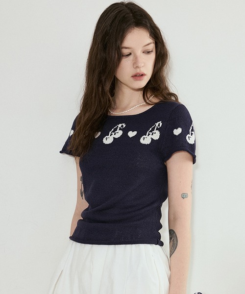 tシャツ バイカラー チェリー柄 半袖ニットトップス FX25S113「Fano Studios」「2025SS」 レディース メンズ