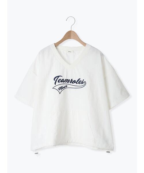 Samansa Mos2 tシャツ ロゴ刺繍Vネック布帛Tシャツ レディース