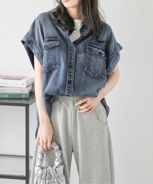 ブラウス シャツ フレンチスリーブデニムシャツ レディース : ZOZOTOWN