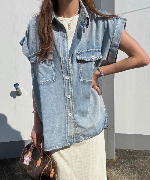 ブラウス シャツ フレンチスリーブデニムシャツ レディース : ZOZOTOWN