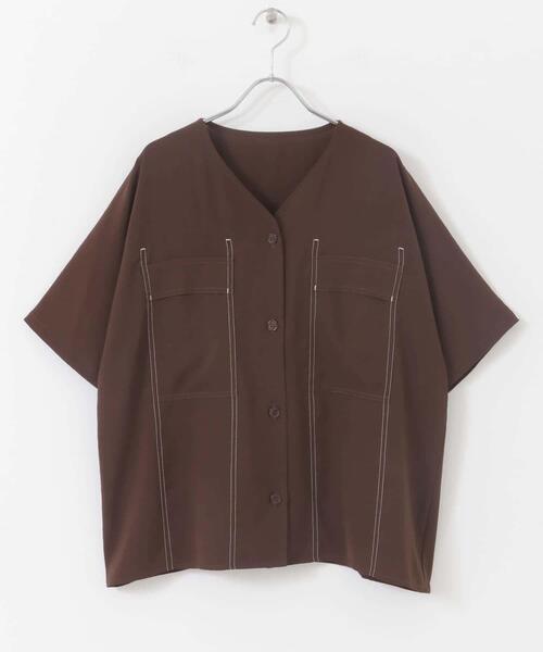MACHATT Vネックステッチシャツ ベージュ ITEMS URBANRESEARCH（アイテムズ アーバンリサーチ） ブラウス シャツ