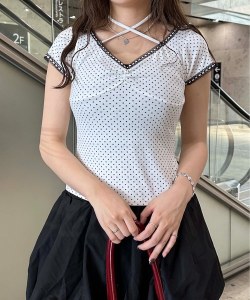 ドット柄リボン付き半袖トップス sedacle girl（セダクルガール） tシャツ 半袖 ドット柄ネックリボン