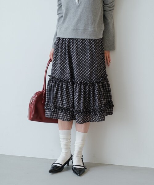 Kastane スカート 「新色追加/チェック＆無地」フリルミドルスカート