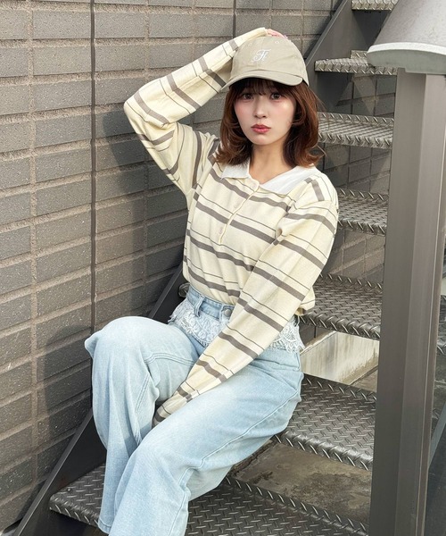 frunco ニット セーター 襟付きボーダーニットトップス レディース
