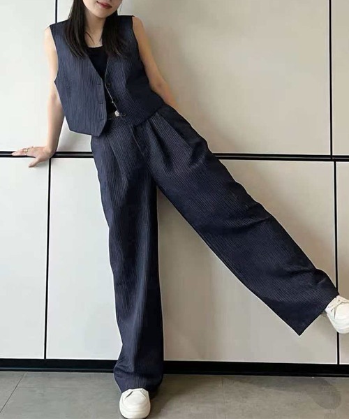 LOWO セットアップ ピンストライプ ジレ ワイドパンツ セットアップ