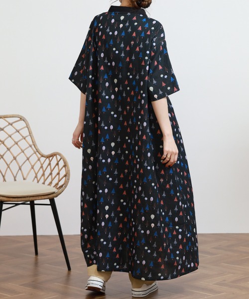 【新品・未使用】Emago ワンピース Emago（イマゴ） シャツワンピース 気球と森のプリントワンピース